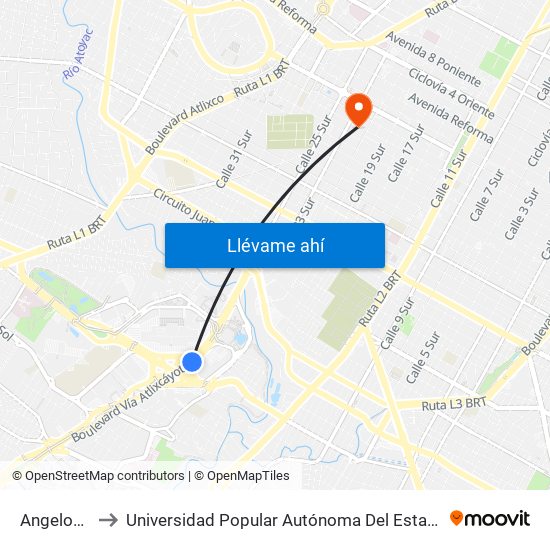 Angelopolis to Universidad Popular Autónoma Del Estado De Puebla map