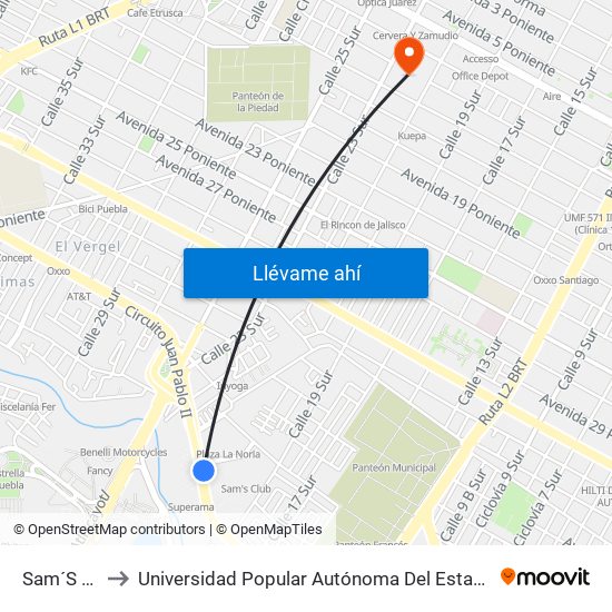 Sam´S Club to Universidad Popular Autónoma Del Estado De Puebla map