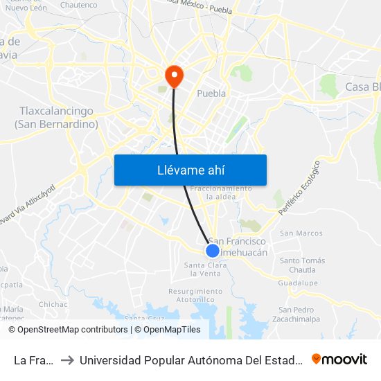 La Fragua to Universidad Popular Autónoma Del Estado De Puebla map