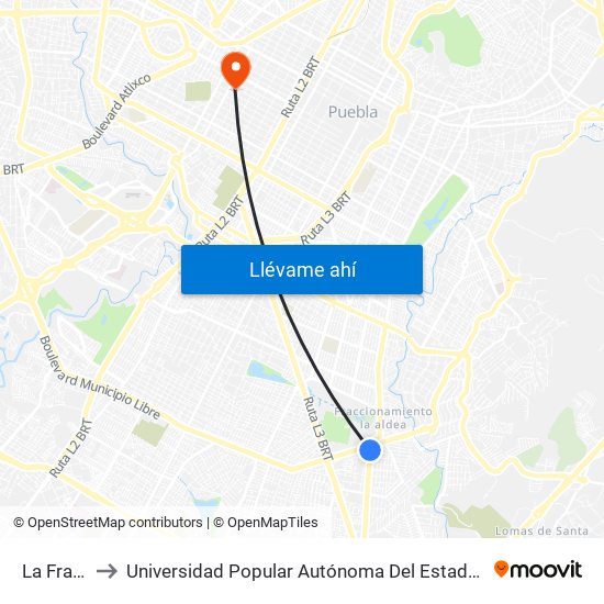 La Fragua to Universidad Popular Autónoma Del Estado De Puebla map