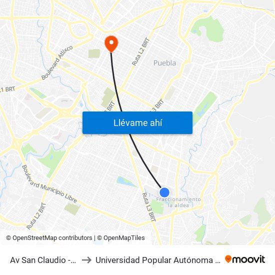Av San Claudio - Blvrd 22 Sur to Universidad Popular Autónoma Del Estado De Puebla map