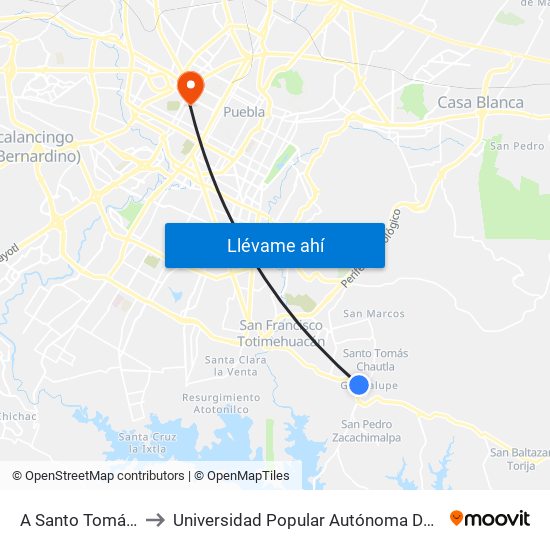 A Santo Tomás Chautla to Universidad Popular Autónoma Del Estado De Puebla map