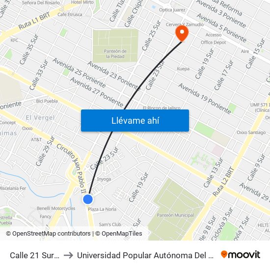 Calle 21 Sur 3919a to Universidad Popular Autónoma Del Estado De Puebla map