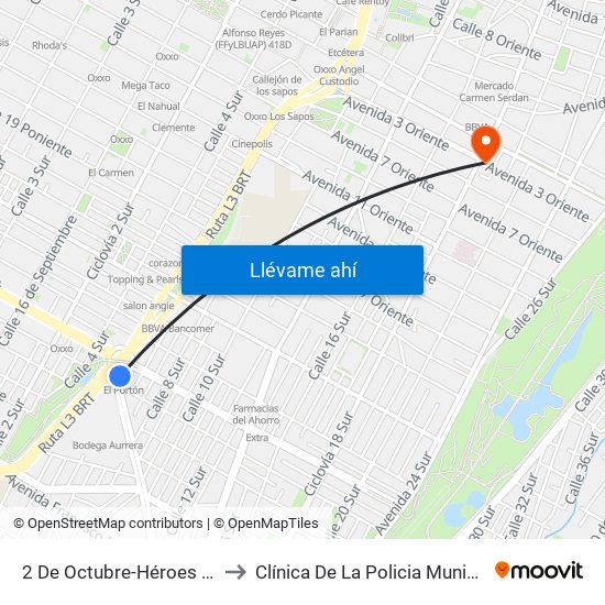 2 De Octubre-Héroes 5 De Mayo to Clínica De La Policia Municipal Auxiliar map