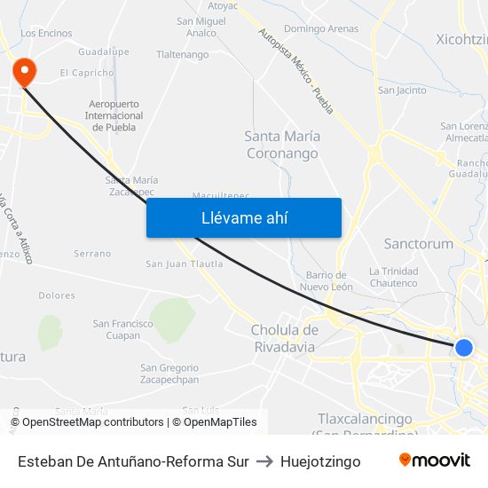 Esteban De Antuñano-Reforma Sur to Huejotzingo map