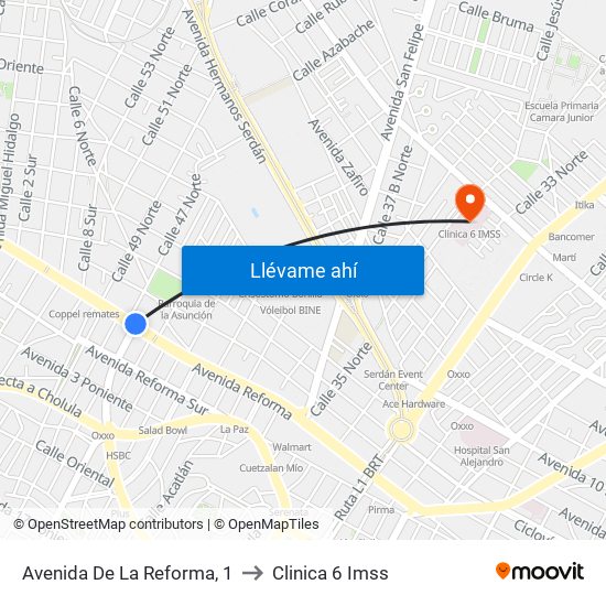 Avenida De La Reforma, 1 to Clinica 6 Imss map