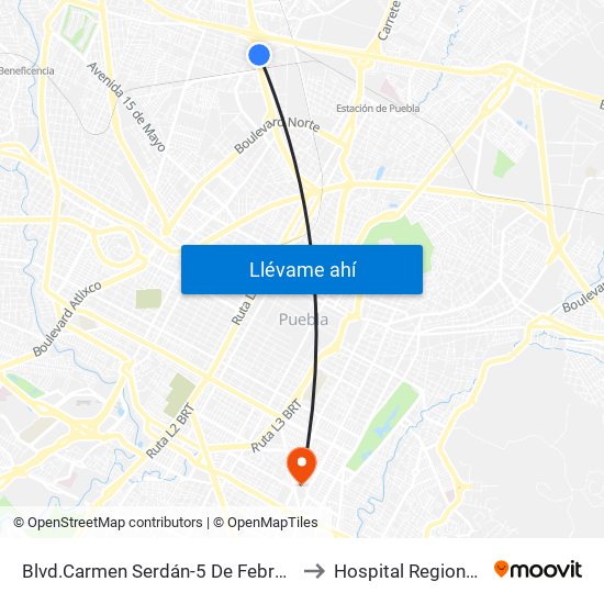 Blvd.Carmen Serdán-5 De Febrero Oriente to Hospital Regional Isste map