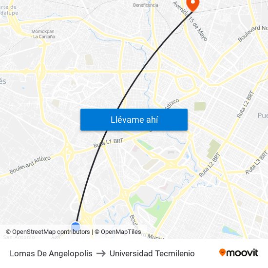 Lomas De Angelopolis to Universidad Tecmilenio map