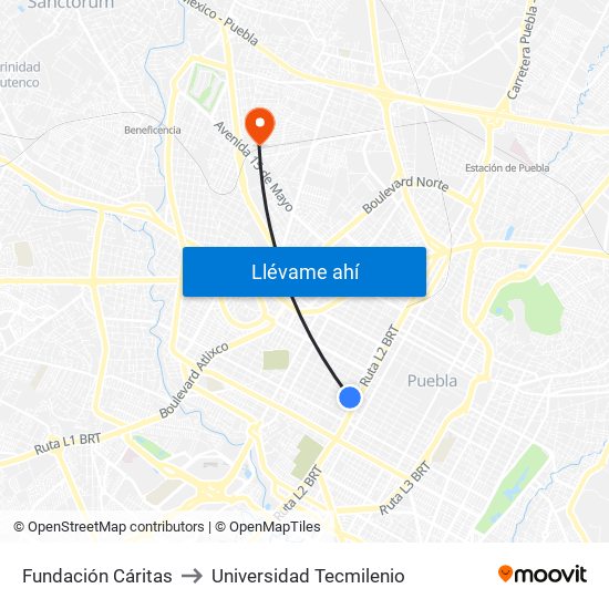 Fundación Cáritas to Universidad Tecmilenio map