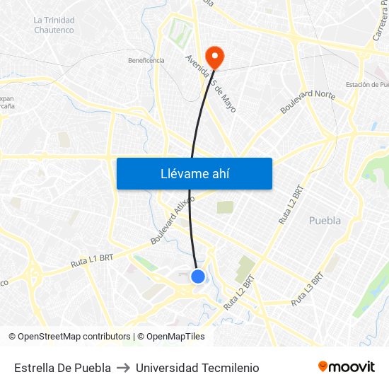 Estrella De Puebla to Universidad Tecmilenio map