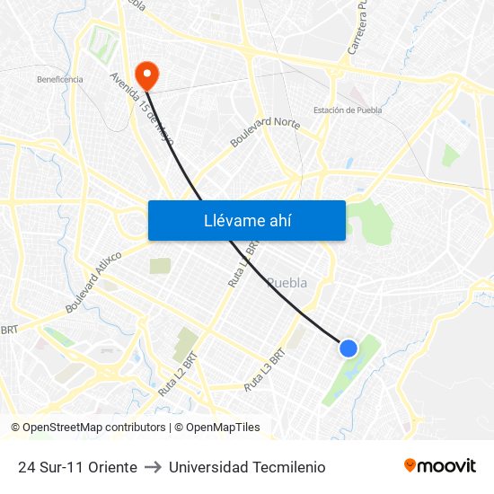 24 Sur-11 Oriente to Universidad Tecmilenio map