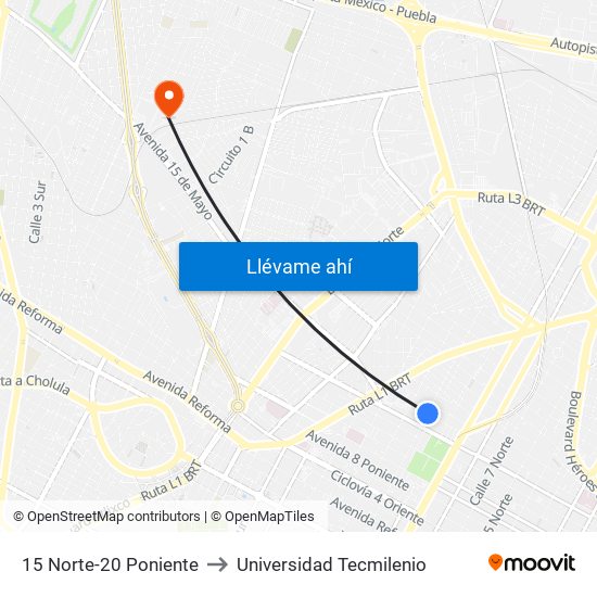 15 Norte-20 Poniente to Universidad Tecmilenio map