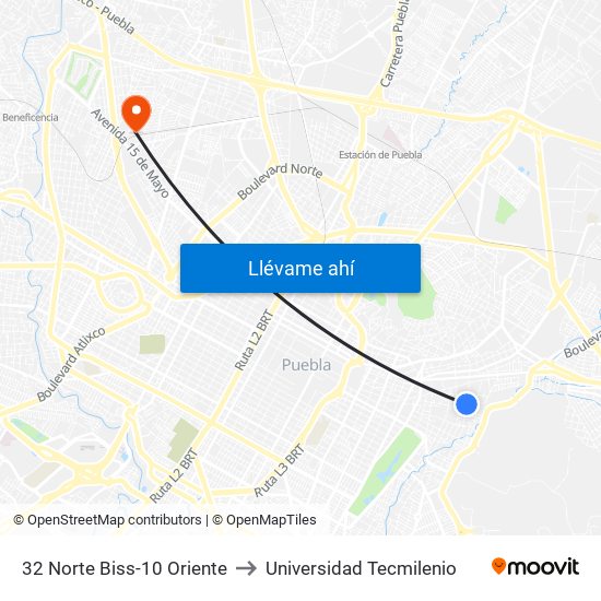 32 Norte Biss-10 Oriente to Universidad Tecmilenio map