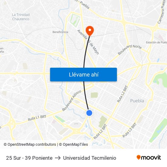 25 Sur - 39 Poniente to Universidad Tecmilenio map