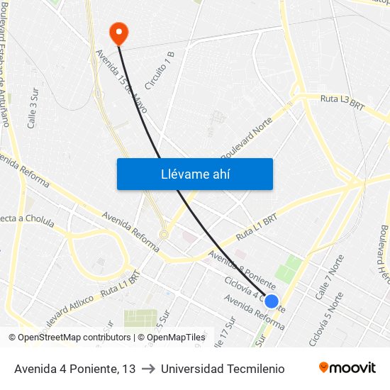 Avenida 4 Poniente, 13 to Universidad Tecmilenio map