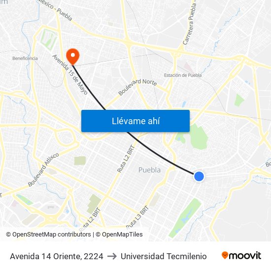 Avenida 14 Oriente, 2224 to Universidad Tecmilenio map
