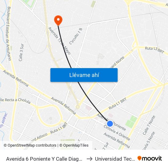 Avenida 6 Poniente Y Calle Diagonal 19 Norte to Universidad Tecmilenio map