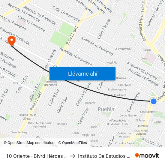10 Oriente - Blvrd Héroes Del 5 De Mayo to Instituto De Estudios Universitarios map