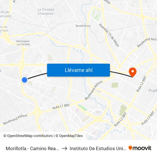 Morillotla - Camino Real A Cholula to Instituto De Estudios Universitarios map