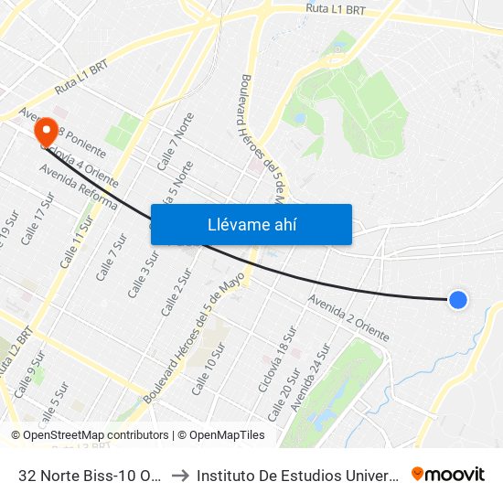 32 Norte Biss-10 Oriente to Instituto De Estudios Universitarios map