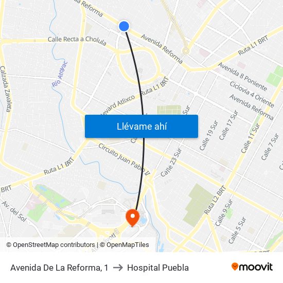 Avenida De La Reforma, 1 to Hospital Puebla map