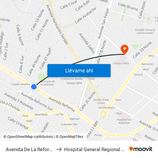 Avenida De La Reforma, 1 to Hospital General Regional 6 Imss map