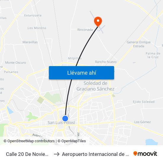 Calle 20 De Noviembre, 1015 to Aeropuerto Internacional de San Luis Potosí map