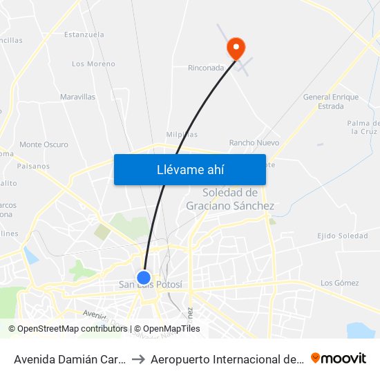 Avenida Damián Carmona, 915b to Aeropuerto Internacional de San Luis Potosí map