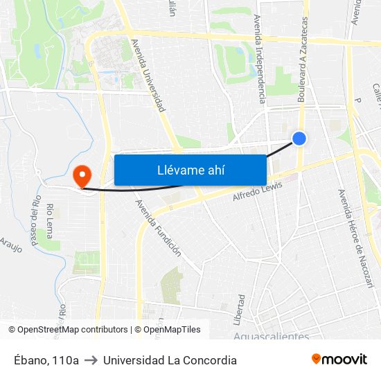 Ébano, 110a to Universidad La Concordia map