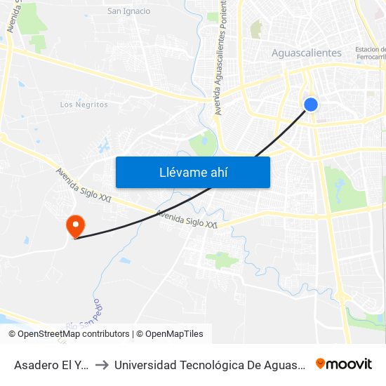 Asadero El Yaqui to Universidad Tecnológica De Aguascalientes map