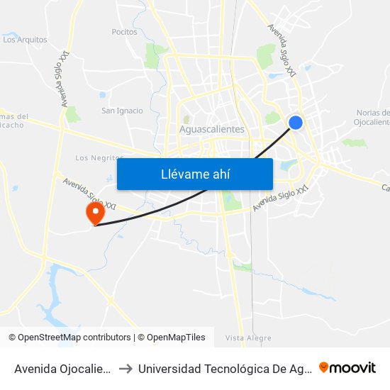 Avenida Ojocaliente, 301 to Universidad Tecnológica De Aguascalientes map