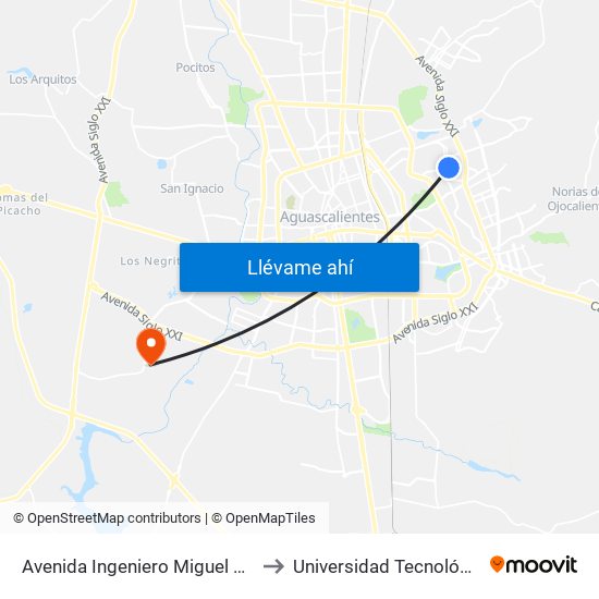 Avenida Ingeniero Miguel Angel Barberena Vega, 1110 to Universidad Tecnológica De Aguascalientes map