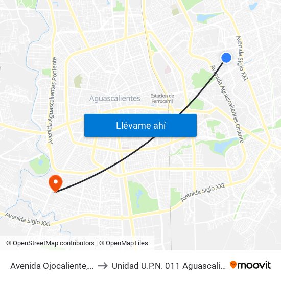 Avenida Ojocaliente, 515 to Unidad U.P.N. 011 Aguascalientes map