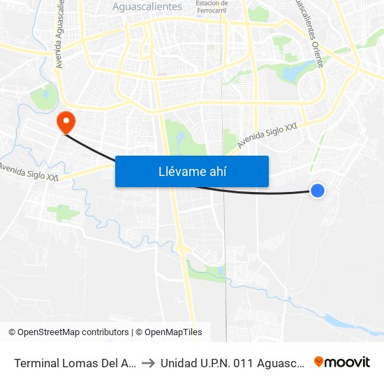 Terminal Lomas Del Ajedrez to Unidad U.P.N. 011 Aguascalientes map