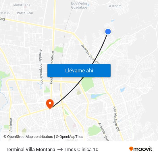 Terminal Villa Montaña to Imss Clinica 10 map