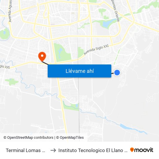 Terminal Lomas Del Ajedrez to Instituto Tecnologico El Llano Aguascalientes map