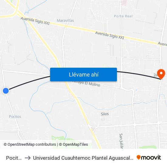 Pocitos to Universidad Cuauhtemoc Plantel Aguascalientes map