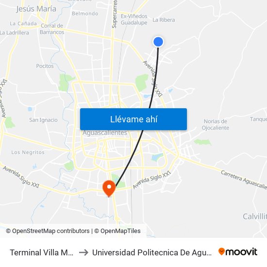 Terminal Villa Montaña to Universidad Politecnica De Aguascalientes map