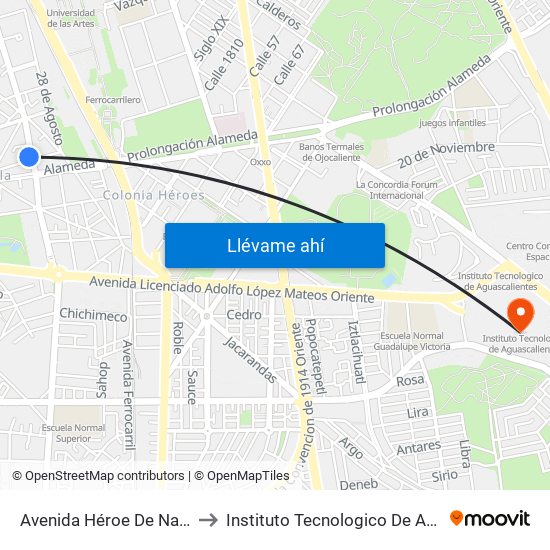 Avenida Héroe De Nacozari, 204 to Instituto Tecnologico De Aguascalientes map