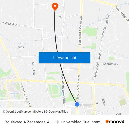 Boulevard A Zacatecas, 402 to Universidad Cuauhtemoc map