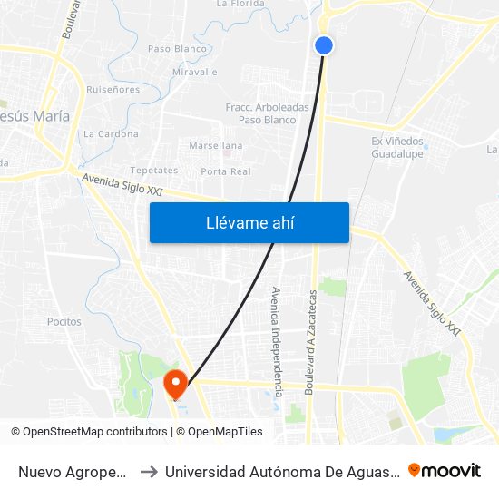 Nuevo Agropecuario to Universidad Autónoma De Aguascalientes map