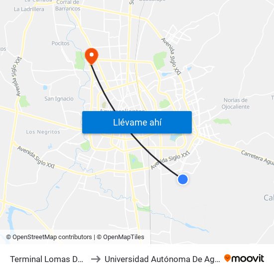 Terminal Lomas Del Ajedrez to Universidad Autónoma De Aguascalientes map