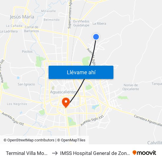 Terminal Villa Montaña to IMSS Hospital General de Zona No 1 map