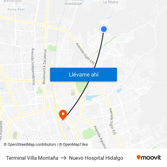 Terminal Villa Montaña to Nuevo Hospital Hidalgo map