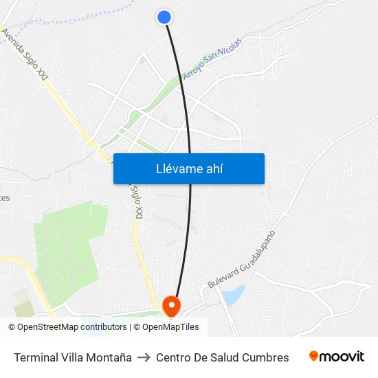 Terminal Villa Montaña to Centro De Salud Cumbres map