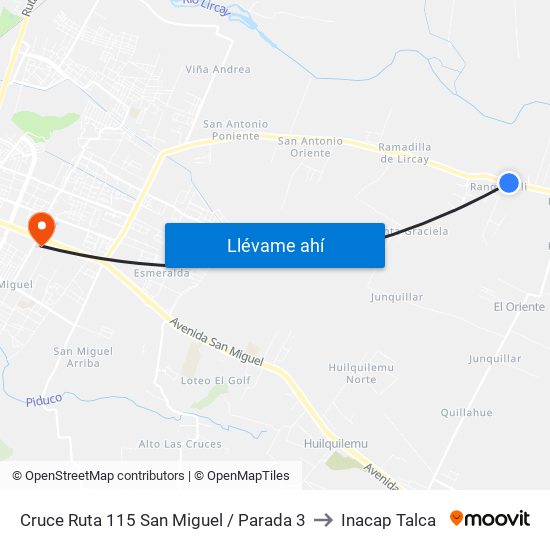 Cruce Ruta 115 San Miguel / Parada 3 to Inacap Talca map