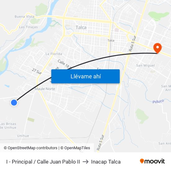 I - Principal / Calle Juan Pablo II to Inacap Talca map