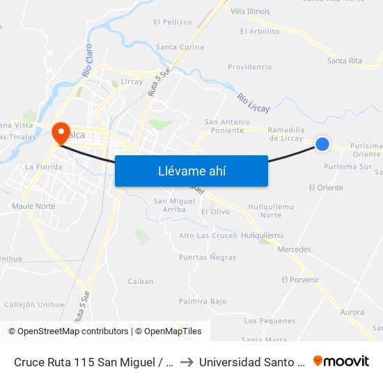 Cruce Ruta 115 San Miguel / Parada 3 to Universidad Santo Tomás map