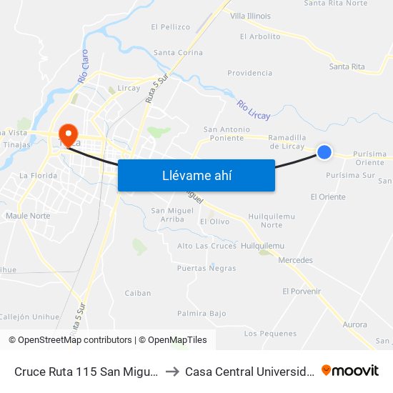 Cruce Ruta 115 San Miguel / Parada 3 to Casa Central Universidad De Talca map