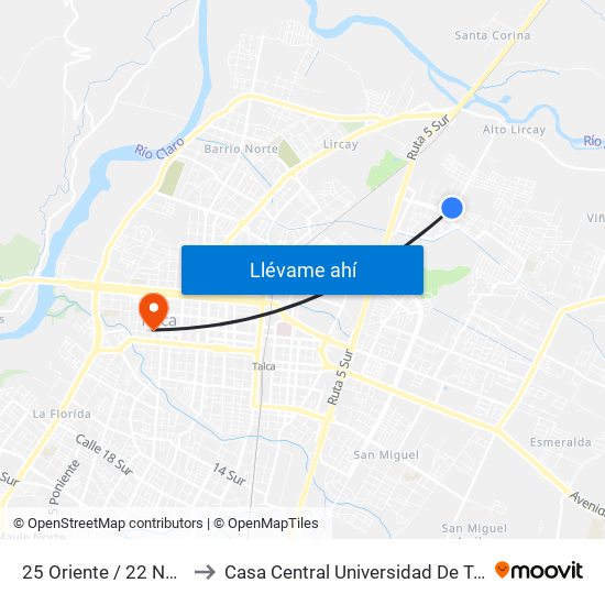 25 Oriente / 22 Norte to Casa Central Universidad De Talca map